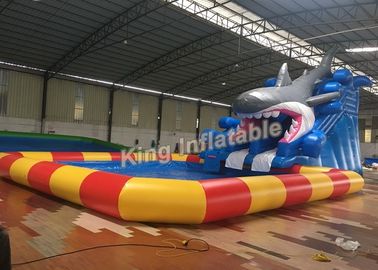 ब्लू शार्क इन्फ्लेटेबल वाटर पार्क वाटरप्रूफ इन्फ्लोमैट स्विमिंग पूल 8 मी एक्स 6 एम