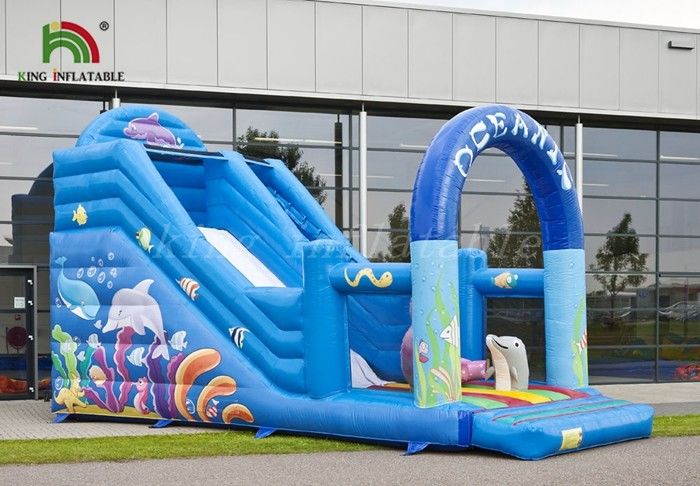Durable PVC Inflatable Dry Slide Digital Printed Blue Oceanic With CE Blower